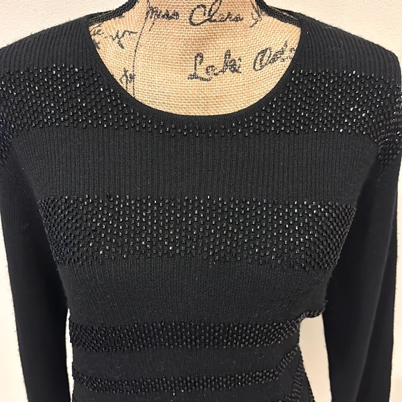 Jaeger Vintage Black Wool Beaded Stripe Sweater  Size Large - Picture 2 of 7